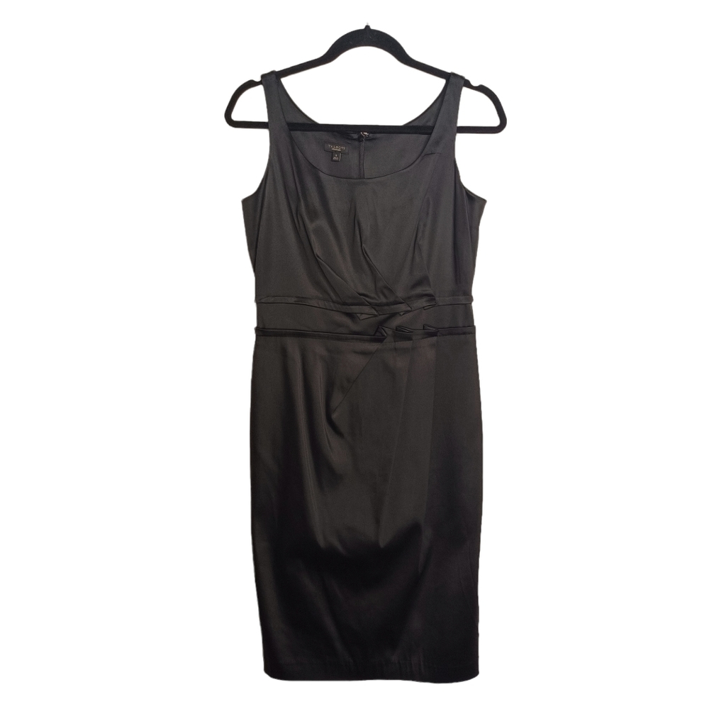 TALBOTS Pleated Satin Like Black Sleeveless Shift Midi Dress 6 (Small)
